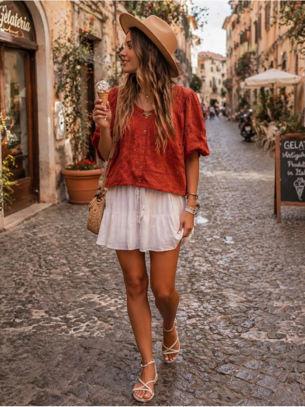 Nicole Miller Rust Eyelet Short Sleeve Top